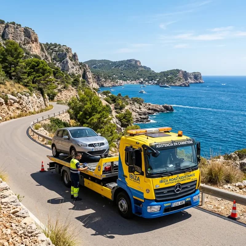 Grúa moderna asistiendo a un vehículo en carretera en Ibiza